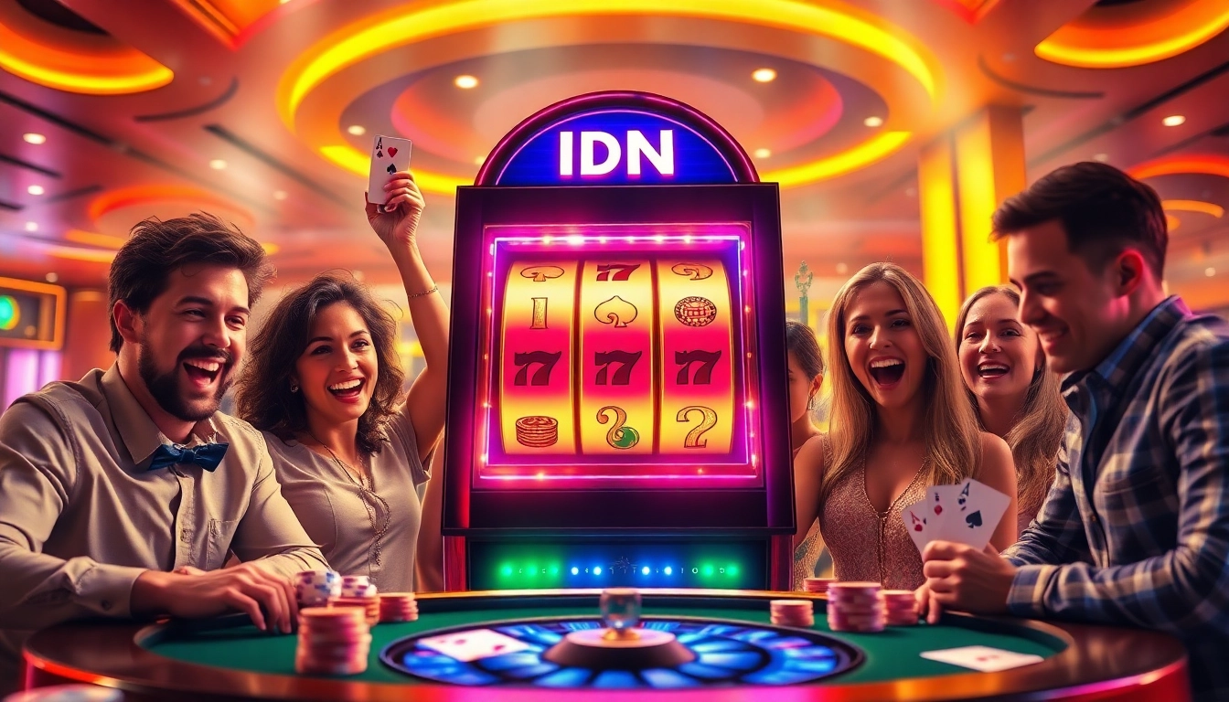 Winning players enjoying idn slot machines in a vibrant casino atmosphere surrounded by poker chips and excitement.