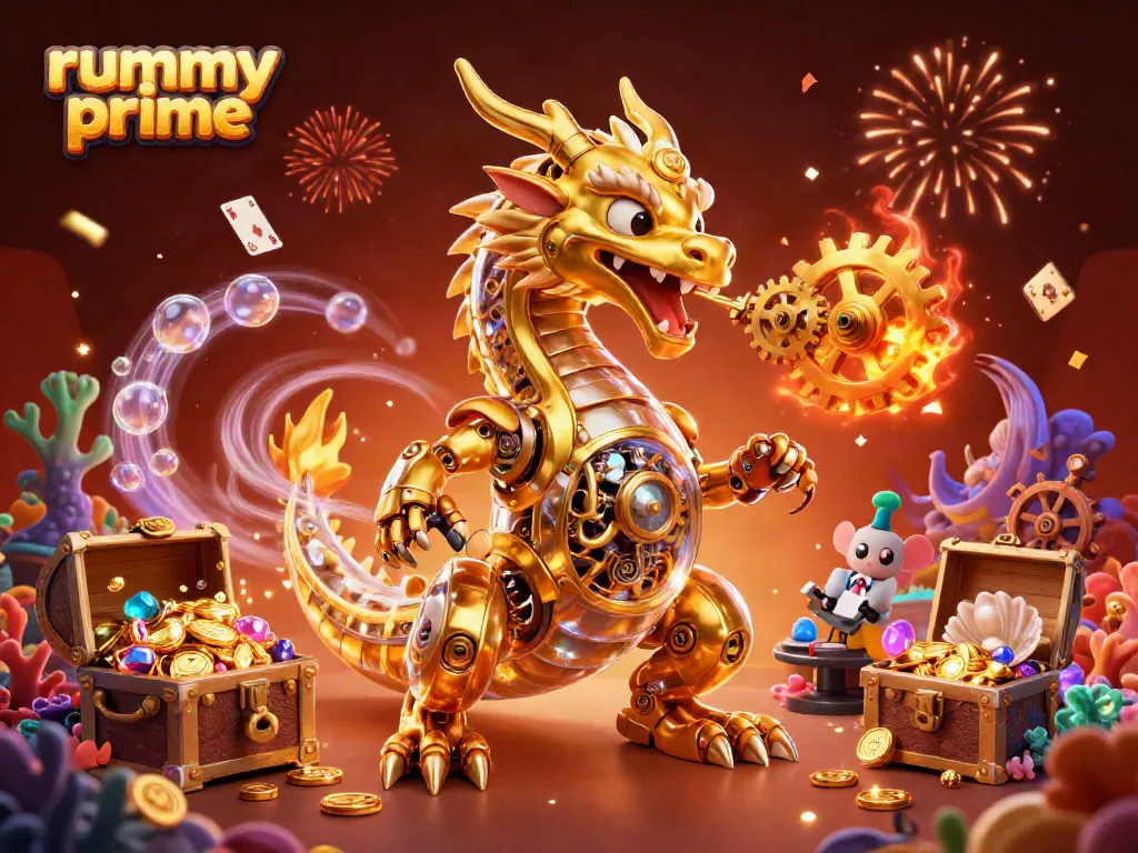 Experience thrilling gameplay with Rummy Prime, where a golden dragon breathes gears amidst vibrant treasures and joyful energy.