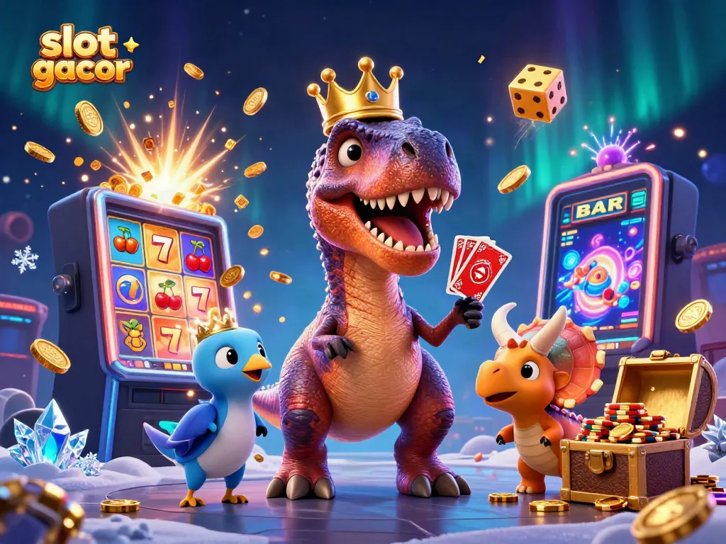 Engage with slot gacor excitement through a fun scene with T-Rex shuffling cards and vibrant casino elements.