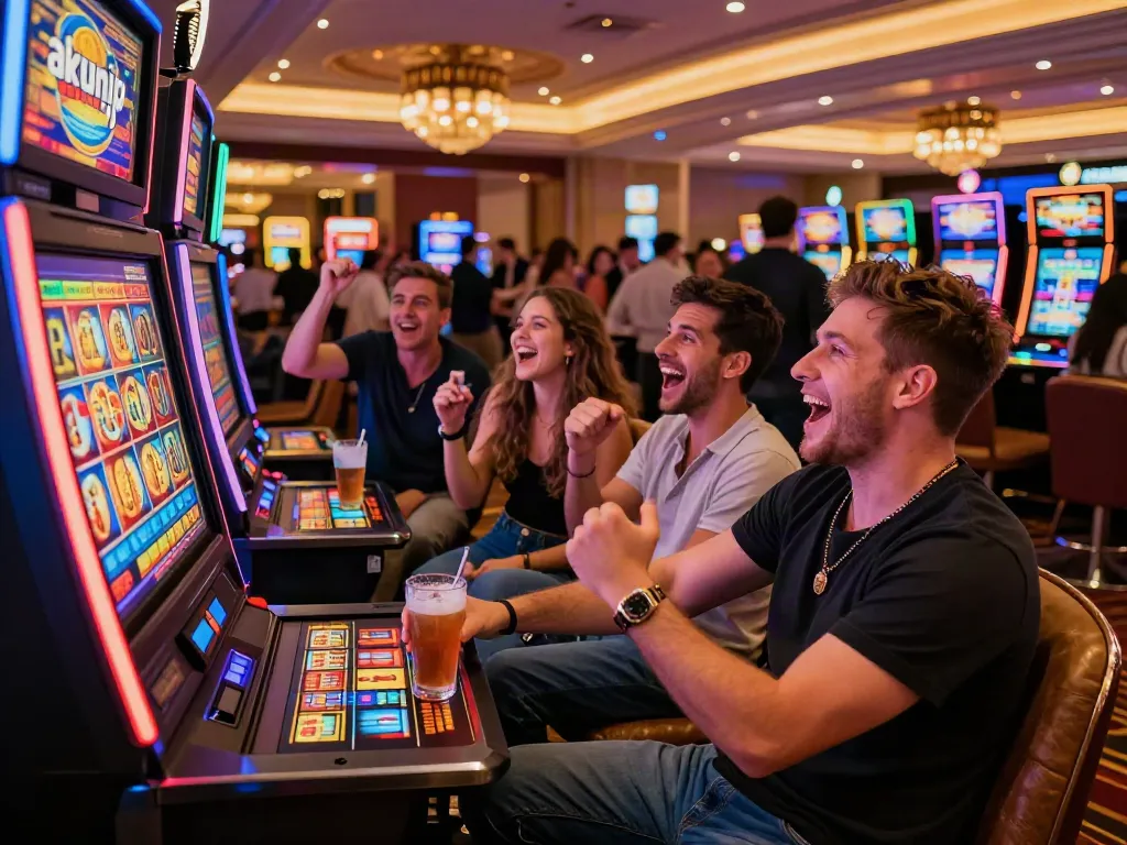 Friends celebrating around an akunjp slot machine in a lively casino.