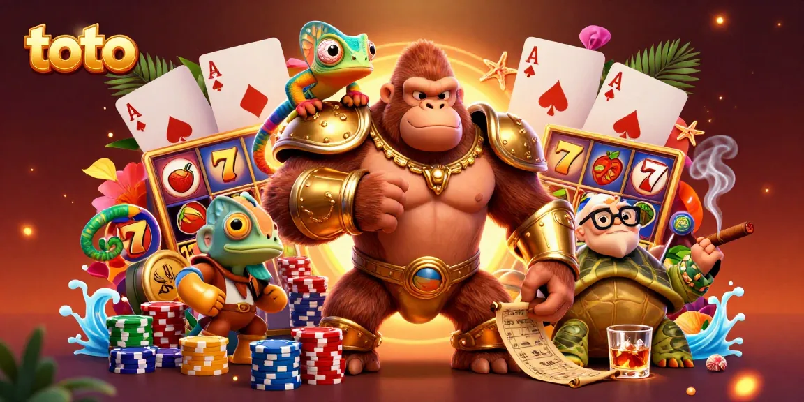 Experience the excitement of toto with a powerful gorilla king and a vibrant scene of slot gaming.