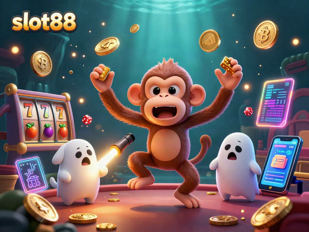Engage with slot88's dynamic gaming scene showcasing a mischievous monkey juggling golden objects amidst colorful slot symbols.