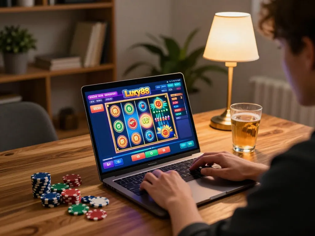 Engaging with lucky88 slots on a laptop at a cozy home gaming setup with ambient lighting