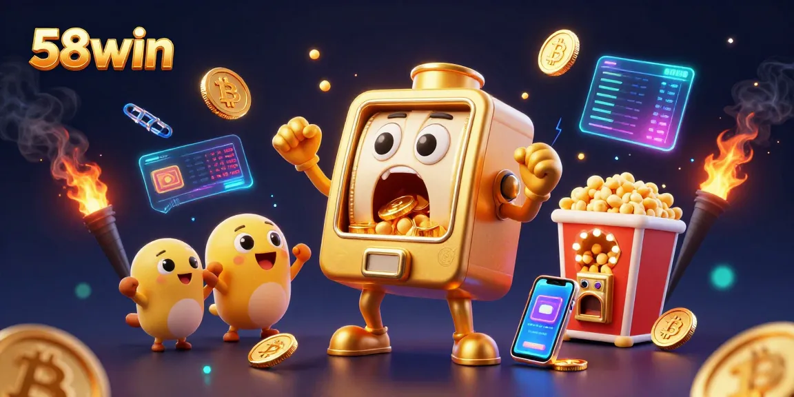 Experience the thrill of winning at 58win with this exciting casino illustration of a golden slot machine.