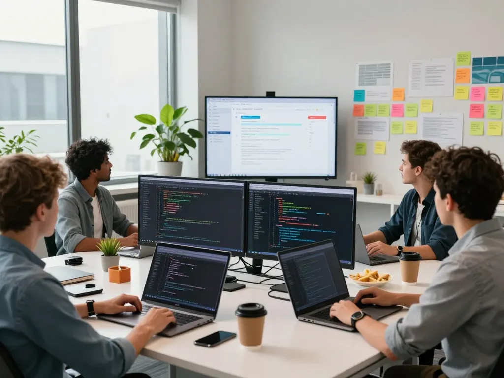 Team of developers collaborating on OpenClaw projects in a modern workspace