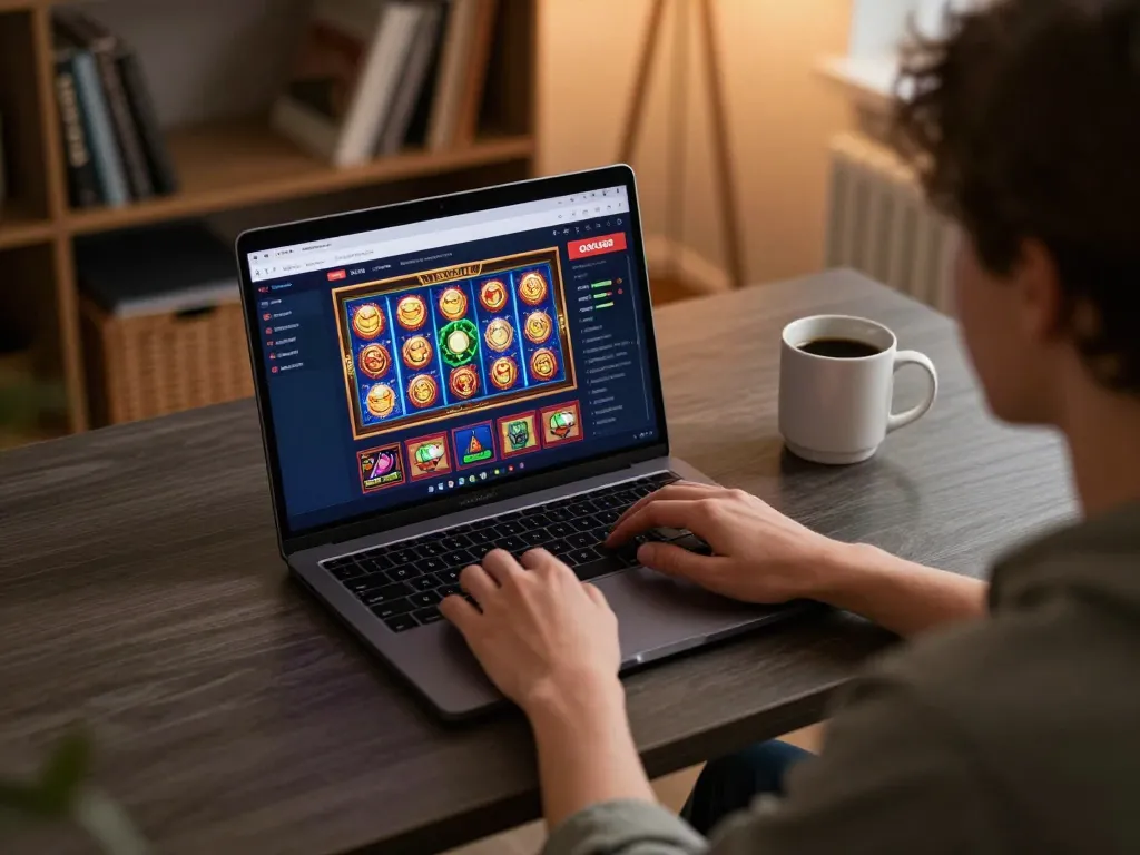 Take part in exciting online gaming with ok365, as a player engages in thrilling slot games from home.