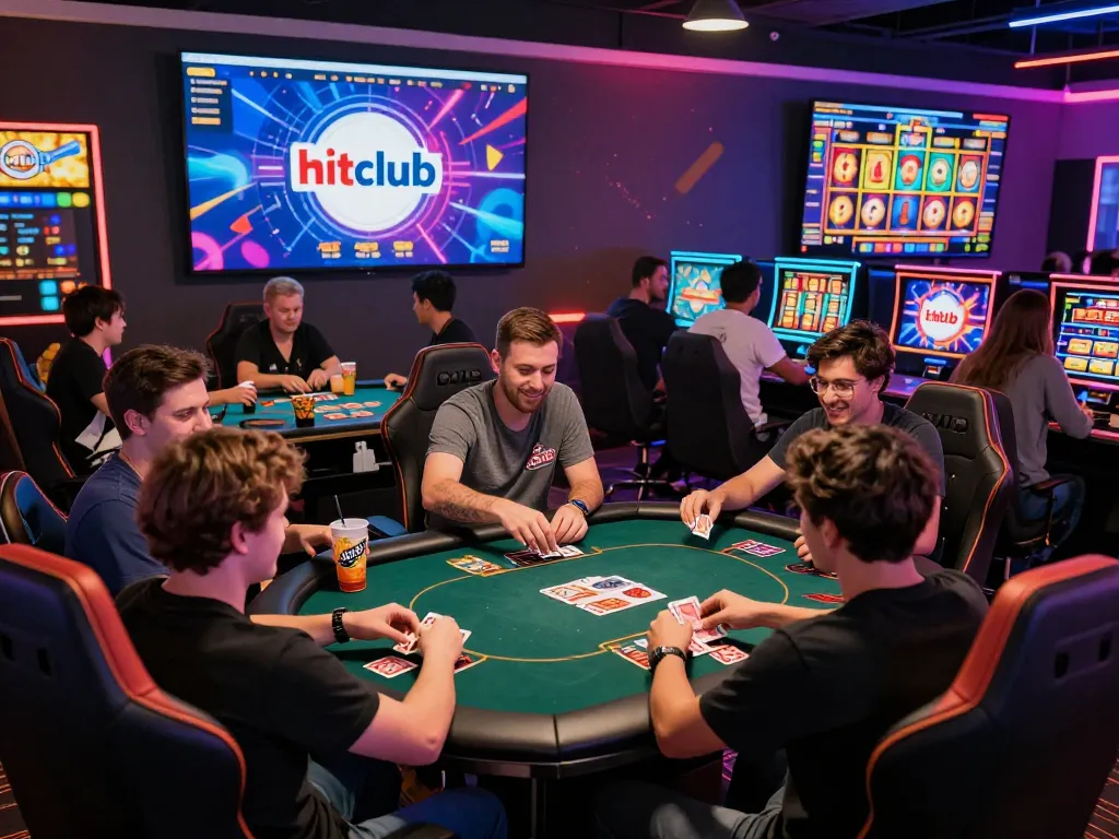 Hitclub gaming scene with players enjoying card games and slots, vibrant atmosphere.