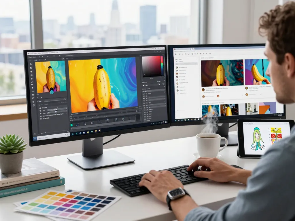 Designer utilizing Nano Banana 2 AI image editor in a creative workspace, showcasing advanced visual tools and vibrant imagery.