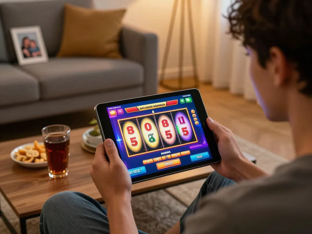 Engaging in situs slot gameplay on a tablet with delightful at-home atmosphere, showcasing strategy.