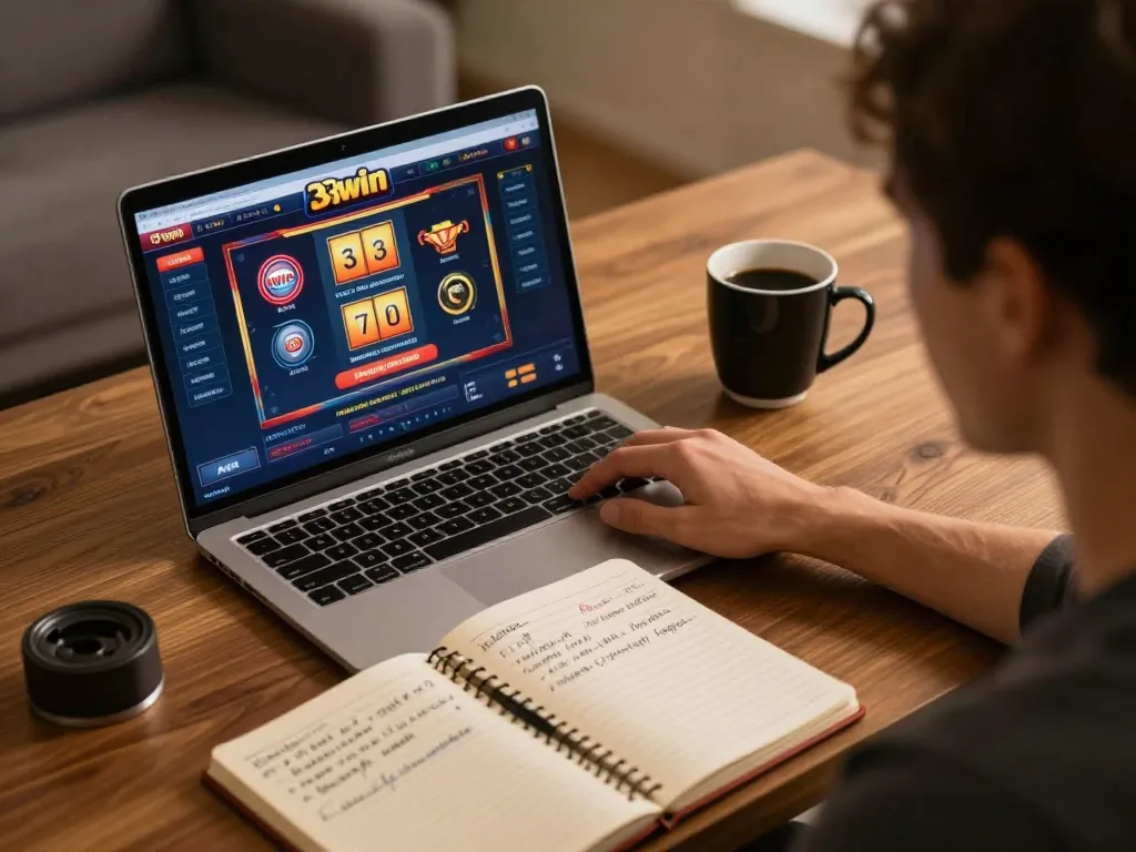Player strategizing bankroll management on 33win online casino interface in cozy home office.