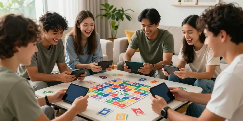 Friends enjoying Rumble Rummy on smartphones in a cozy living room.