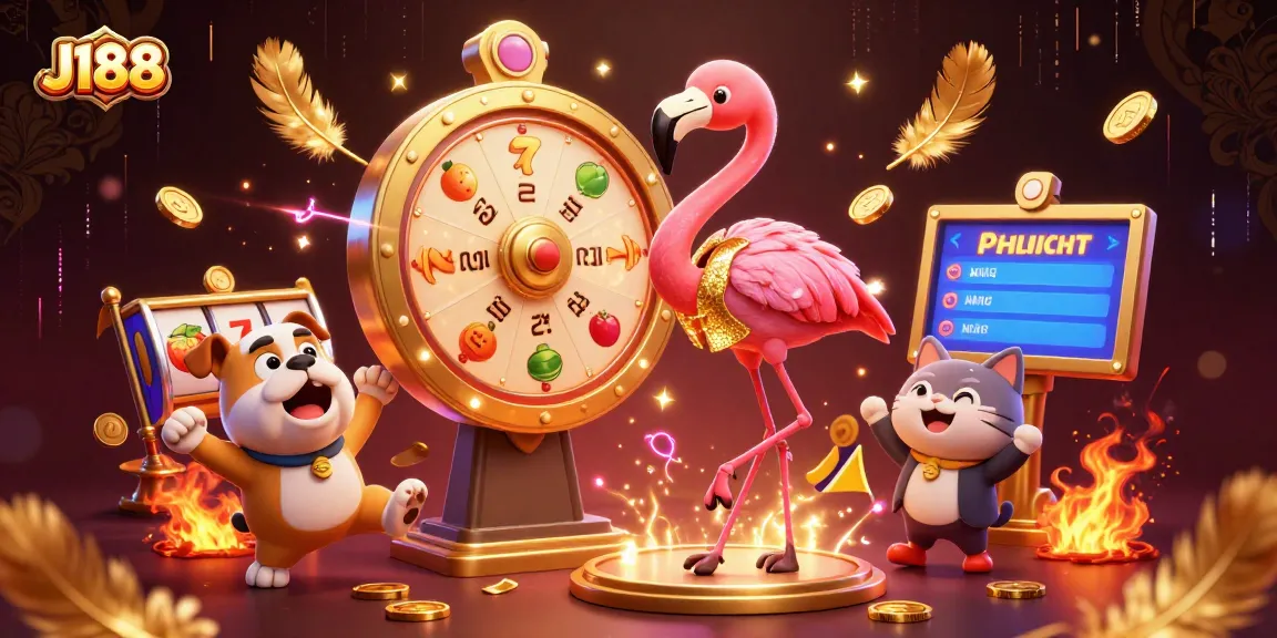 Experience thrilling excitement with J188 as the game show host spins a prize wheel surrounded by gold coins.