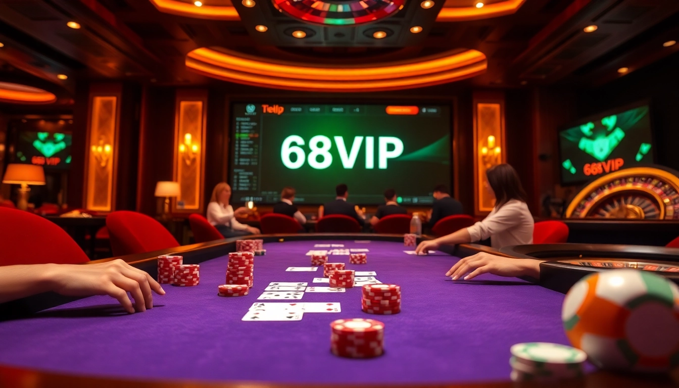Exciting casino scene with 68VIP logo featuring gaming table, poker cards, and colorful chips