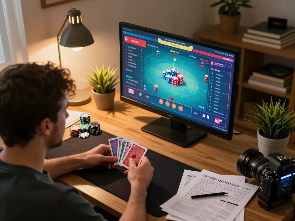 Player engaging in poker strategy while using Jun88 online casino at home