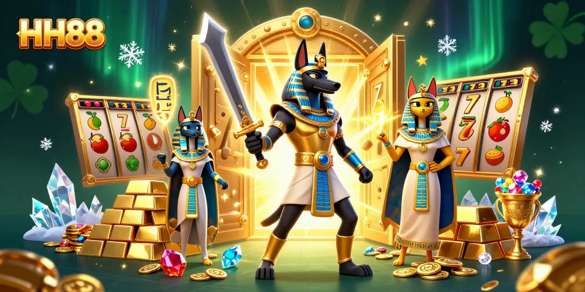 HH88 showcases an ancient Egyptian warrior Anubis and sacred cat Bastet amidst a thrilling jackpot scene.