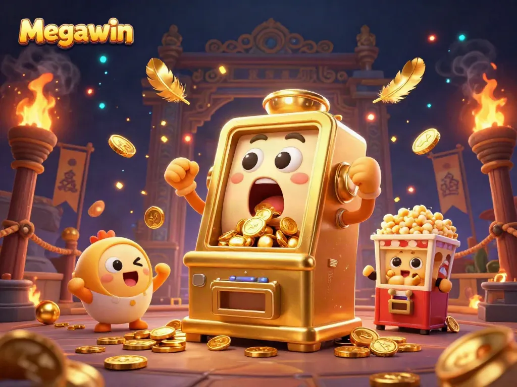 Mesin slot Megawin mengeluarkan koin sambil dikelilingi slot kecil dan popcorn, menciptakan suasana kasino yang meriah.