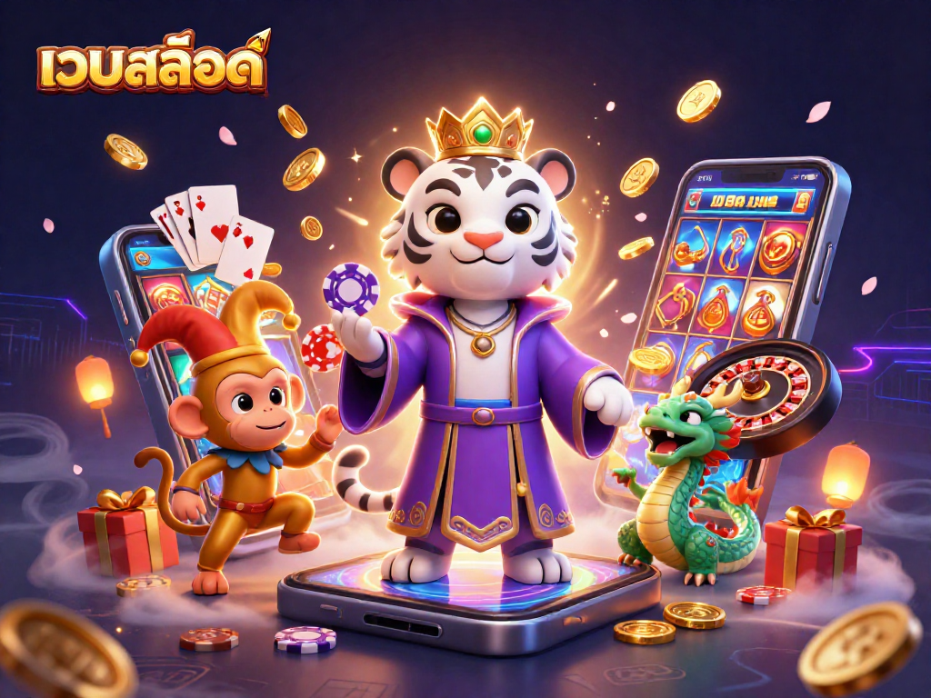 Experience thrilling เว็บสล็อต action with colorful slot games and lively characters in this vibrant illustration.