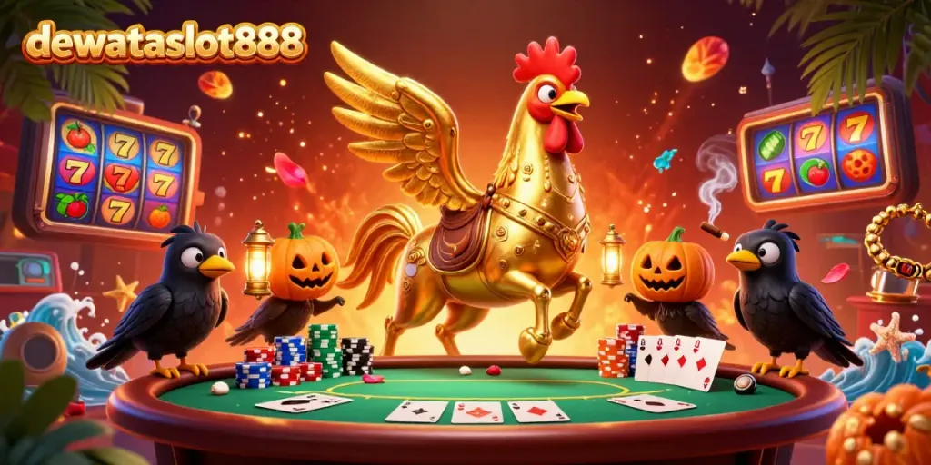Karakter dewataslot888 meriah di kasino tengah malam, dilengkapi elemen slot dan poker.