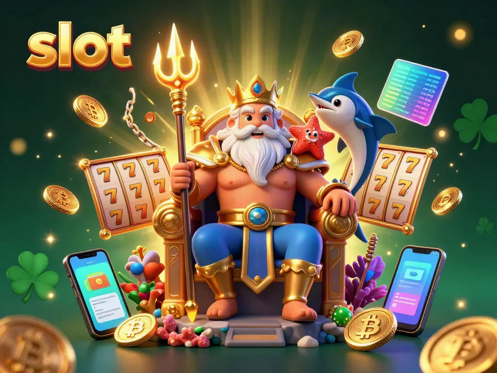 Spin the vibrant slot reels with Neptune and treasures in this dynamic gambling illustration.