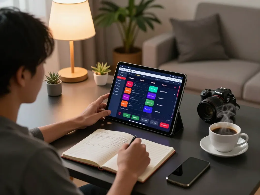 Suasana menarik perjudian online dengan aplikasi KENZOTOTO di tablet yang menunjukkan pilihan taruhan yang menggembirakan di lingkungan rumah yang nyaman.