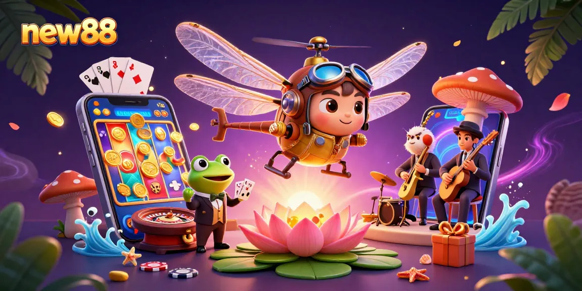 Experience excitement at new88 casino with colorful slot games, vibrant characters, and dynamic action.