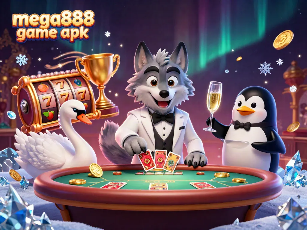 Experience the excitement of mega888 game apk featuring a stylish wolf, elegant swan, and penguin sommelier.