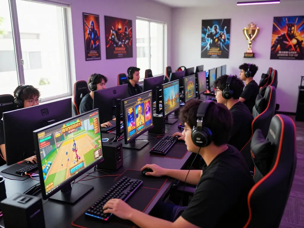 Players enjoying slot gacor games in vibrant online gaming room with modern setup.