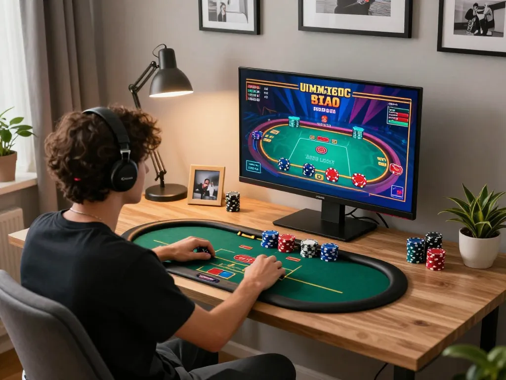 Engaging in online poker gameplay with HUBET on a vibrant gaming setup.