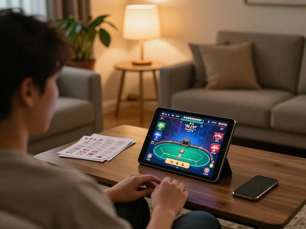 11win player enjoying a poker game on tablet in a cozy home setting