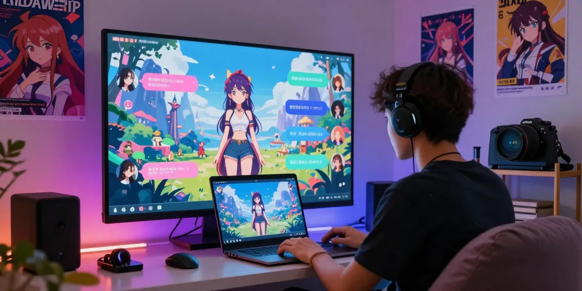 Engaging chat scene showcasing hentai chat AI interaction between user and animated character in a cozy digital environment.