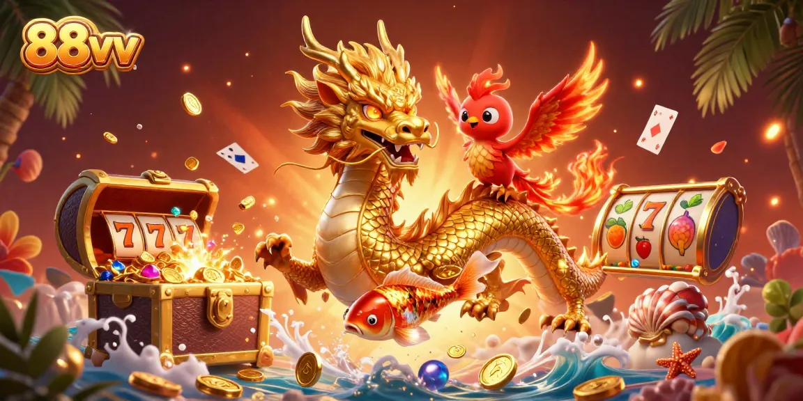 Experience thrilling gaming with 88vv’s golden dragon, phoenix, and koi fish amidst rich casino treasures.