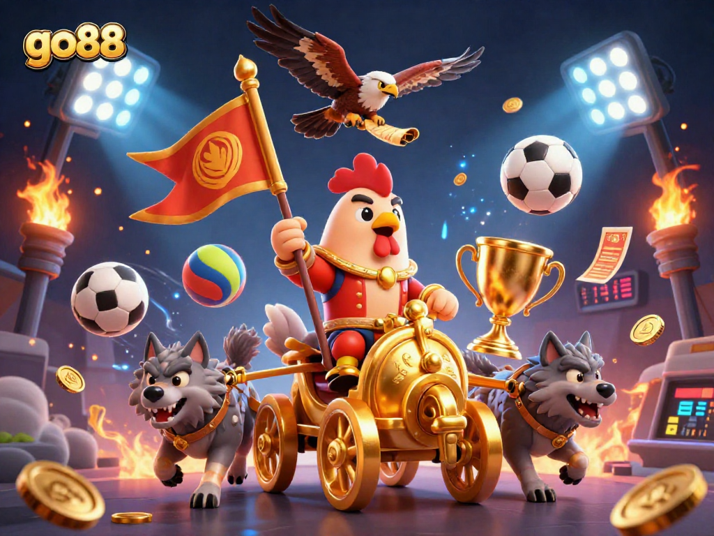 Engage in the go88 sports thrill with a dynamic 3D illustration featuring a rooster warlord.