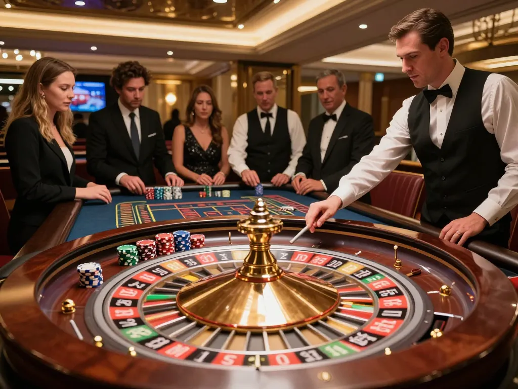 HM88 roulette wheel spins as players place bets at a luxurious casino table