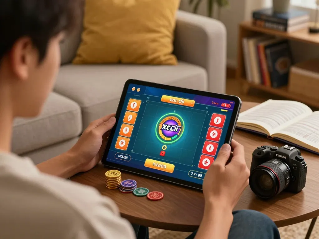 xóc đĩa online gaming scene, person engaging with tablet, vibrant betting options displayed