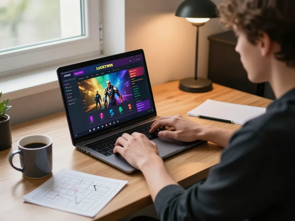 Engaging scenario of a player truy cập LUCKYWIN on a laptop, featuring casual gaming setup with warm ambiance