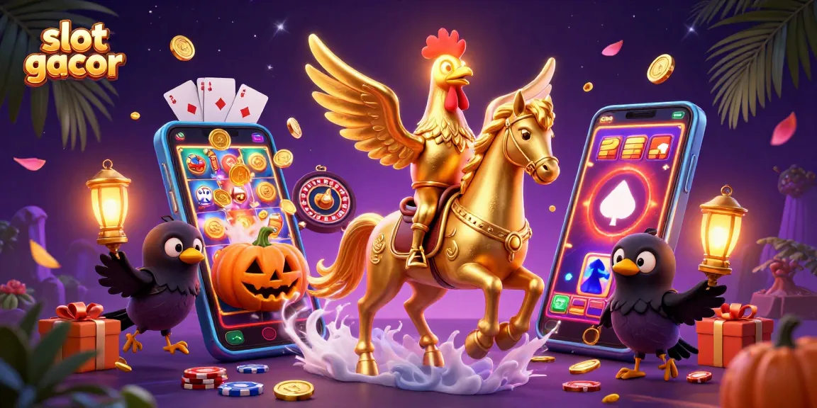 Engage in slot gacor action with a golden rooster and companions amidst a vibrant casino world