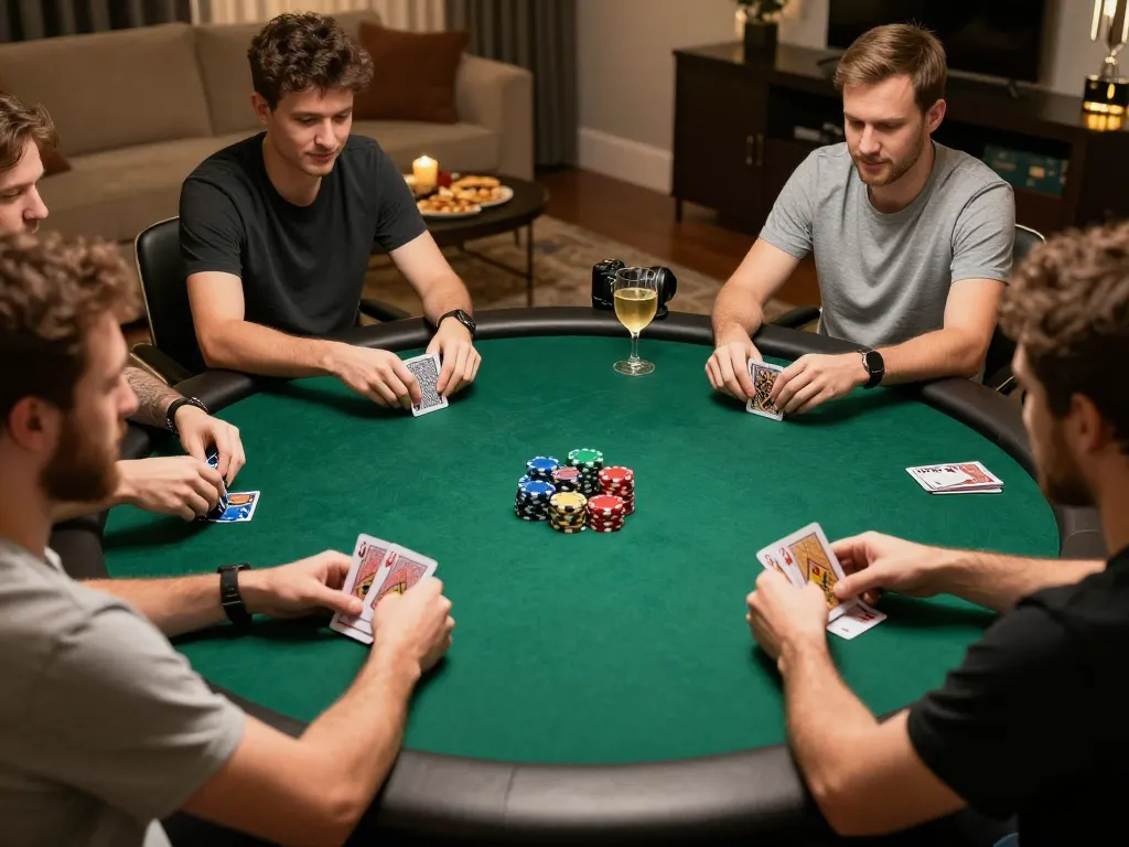 Engaged friends enjoying Tr88 trang chủ poker night, showcasing cards and chips in warm atmosphere