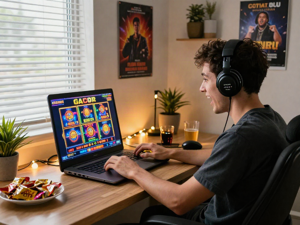 Excited player engaging with slot gacor games on laptop in cozy workspace.