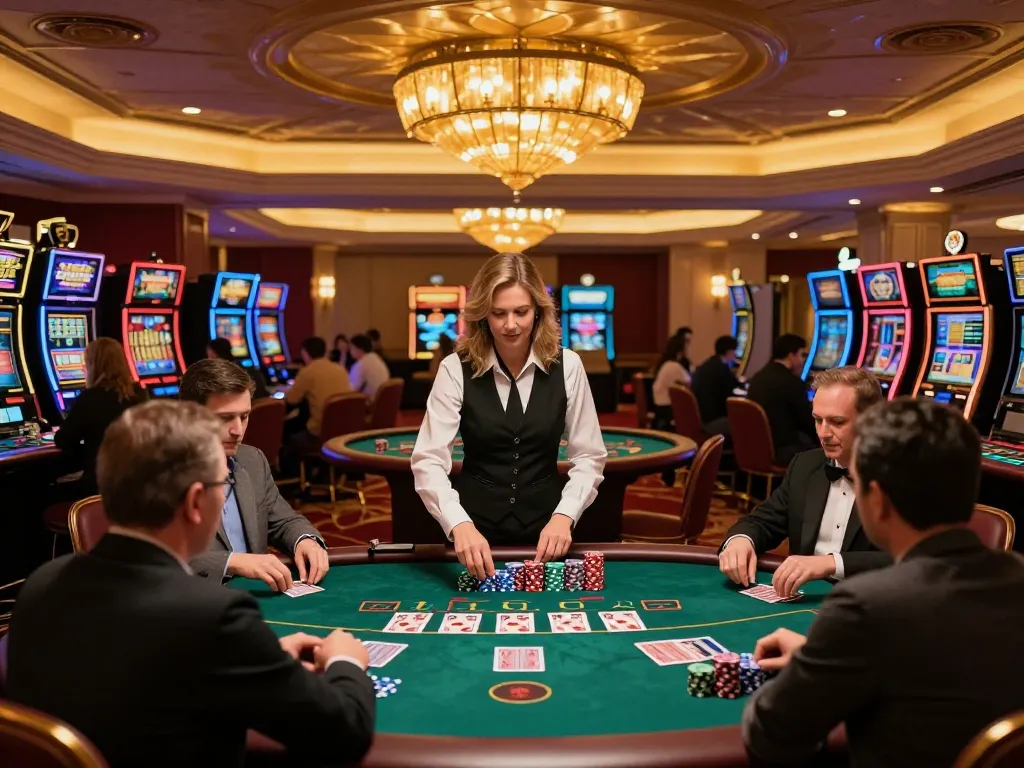 NhaCaiUyTin blackjack tables filled with players engaged in exciting games, capturing the thrill of casino atmosphere.