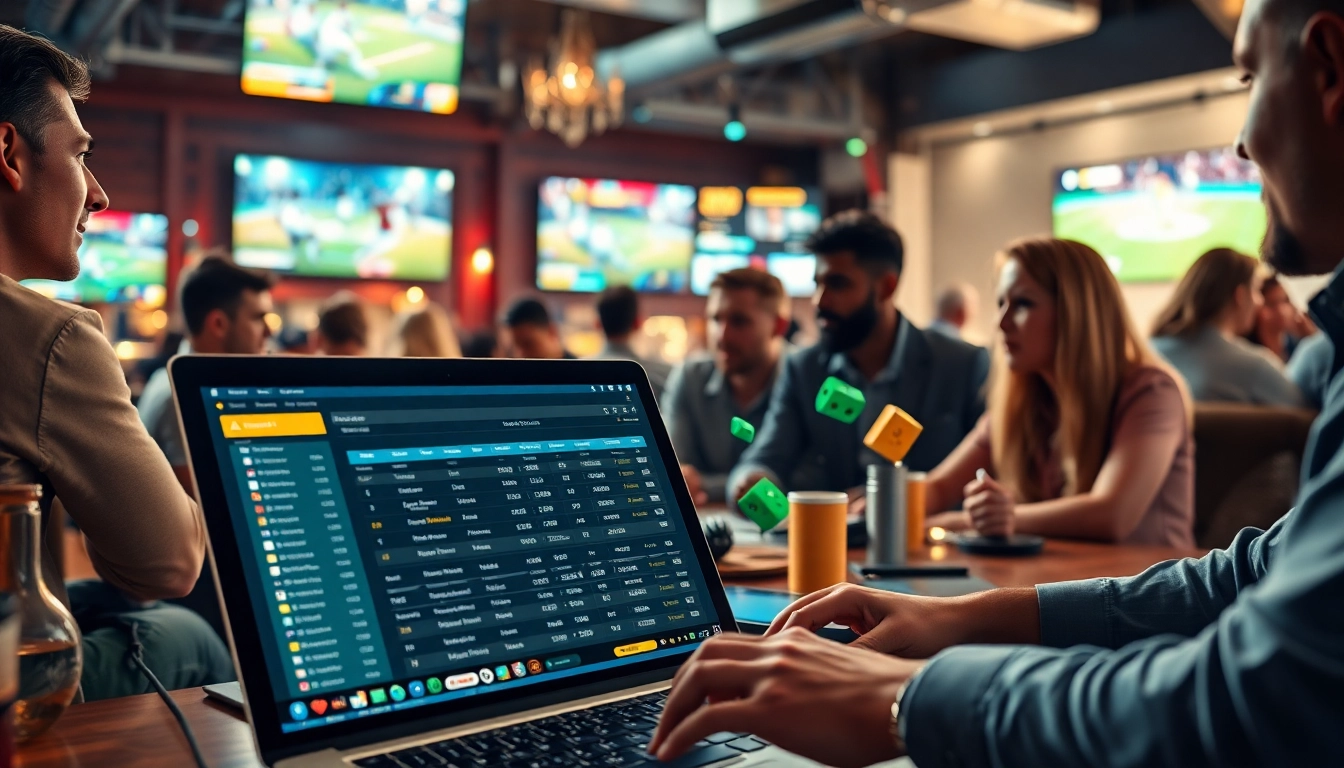 Engaging scene of online betting with vibrant sports visuals and diverse participants placing bets.