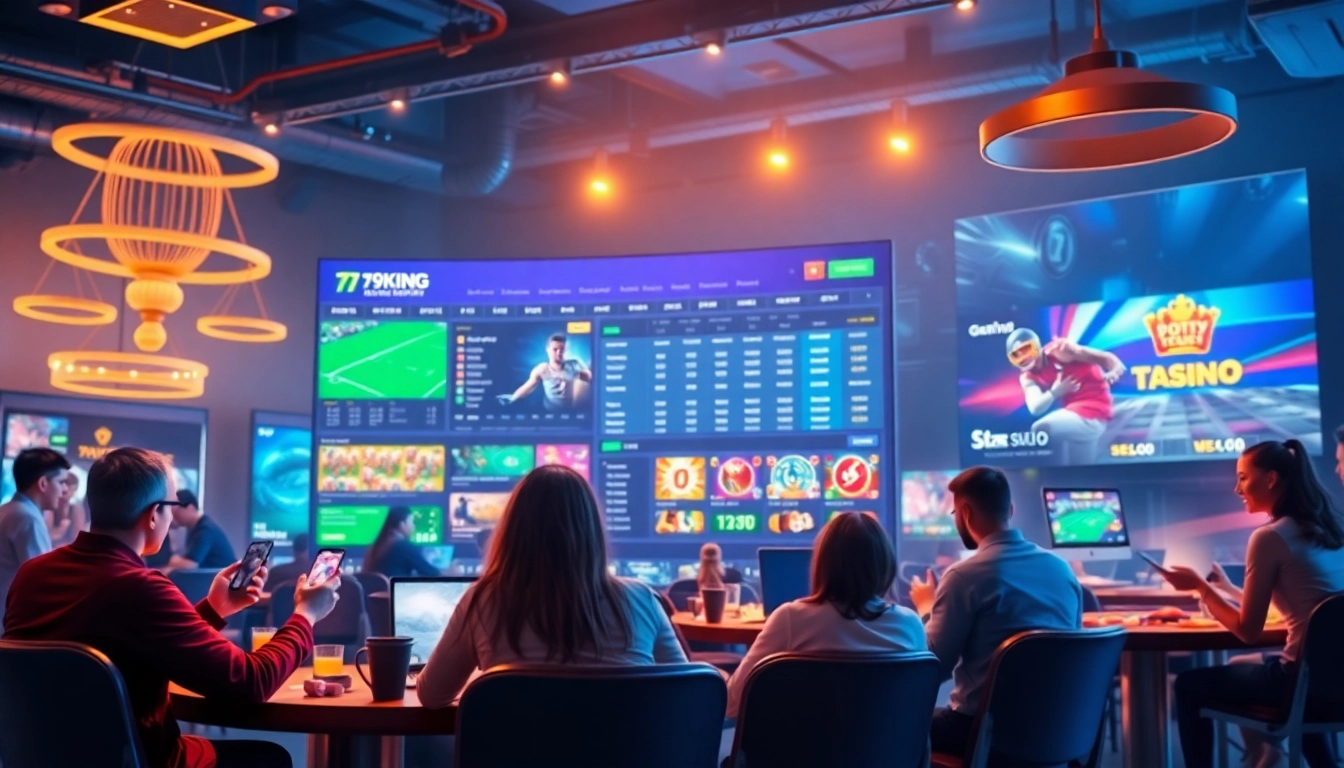 Bunte Online-Spielumgebung, die 79king zeigt, mit Spielern, die an Sport- und Casinowetten teilnehmen.