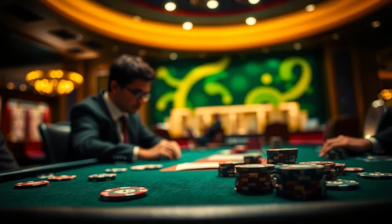 Engage with a thrilling poker game atmosphere showcasing strategic play and intense focus.
