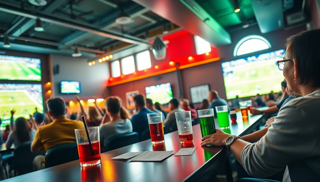 Engaged fans enjoying Sports Betting in a lively sports bar atmosphere with screens and drinks.