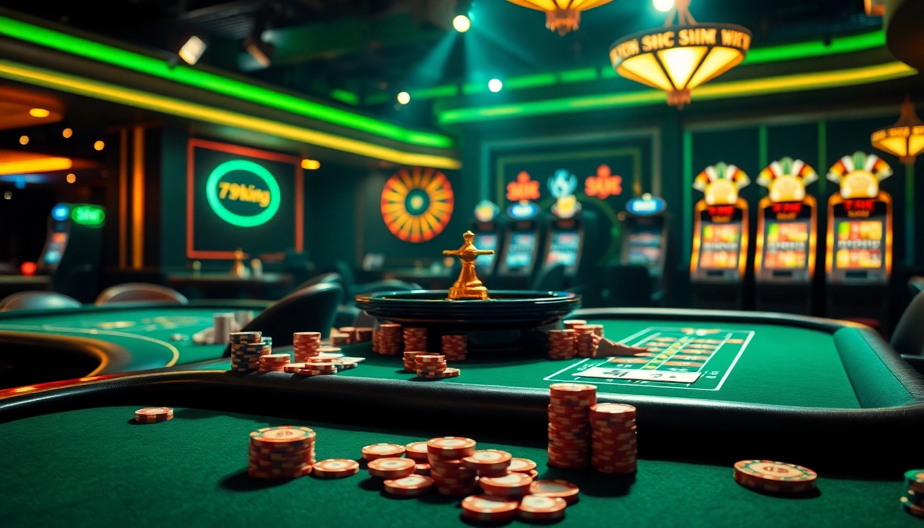 79king features dynamic gambling action with premium poker tables, colorful slot machines, and intense roulette wheel betting.