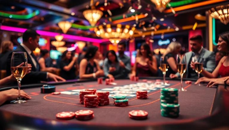 Engaging casino players at a vibrant gaming table filled with colorful chips.