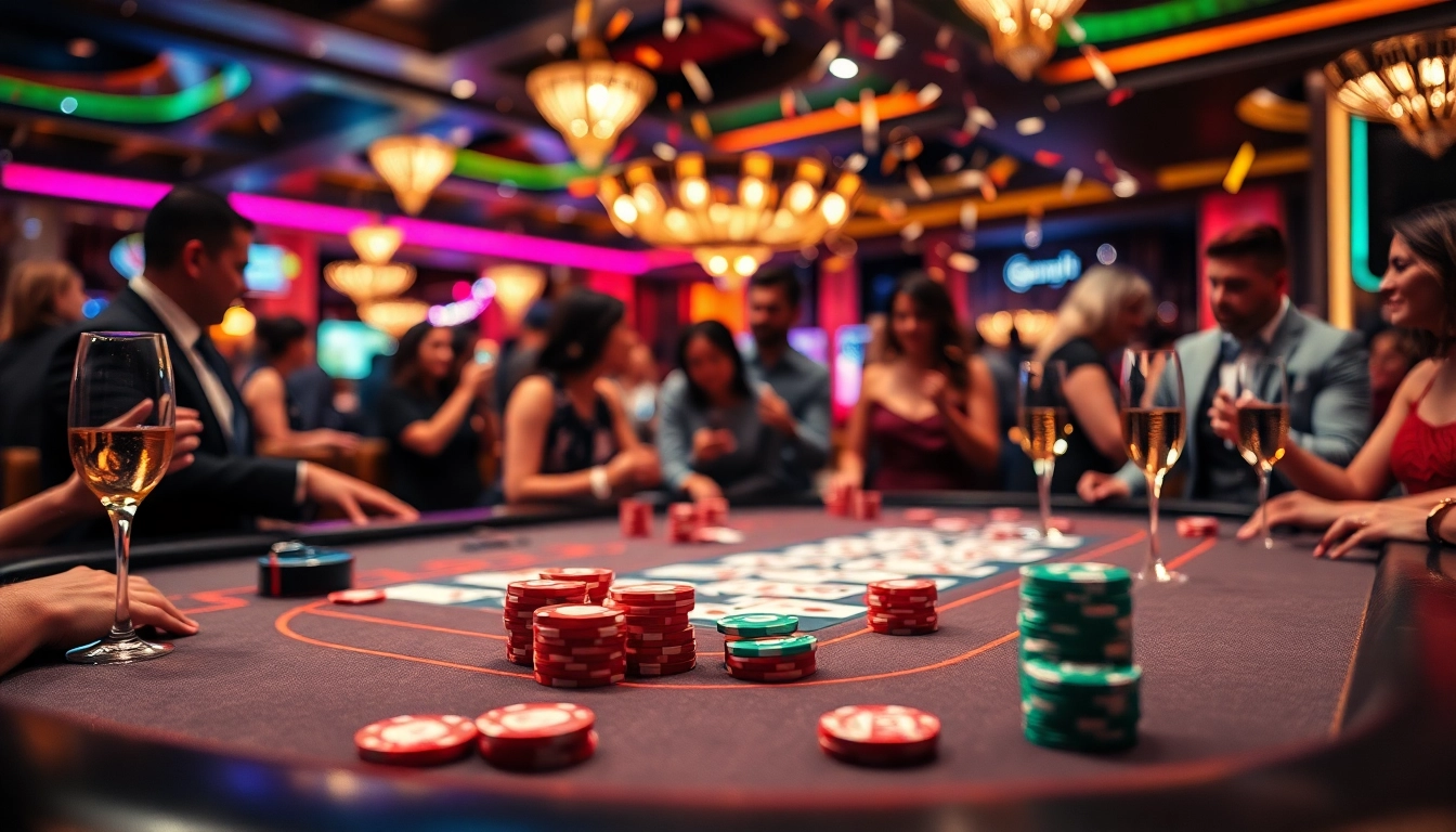 Engaging casino players at a vibrant gaming table filled with colorful chips.