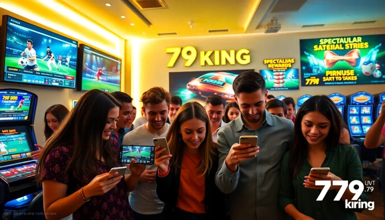 Spannendes Gaming-Erlebnis auf der 79king-Plattform mit vielfältigen Spielern und lebhaften Werbeelementen.