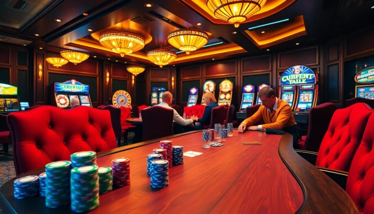 Engage in thrilling poker action at an upscale casino with OK8386 gaming tables showcasing vibrant chips.