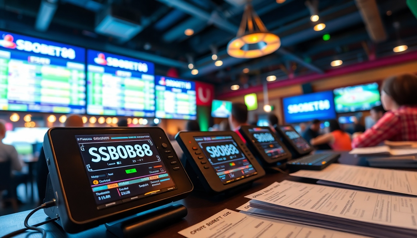 Taruhan SBOBET88 dan slip taruhan di latar belakang bar olahraga yang ramai.