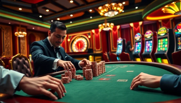Players enjoy thrilling games at the casino XX88, featuring poker tables and vibrant slot machines.